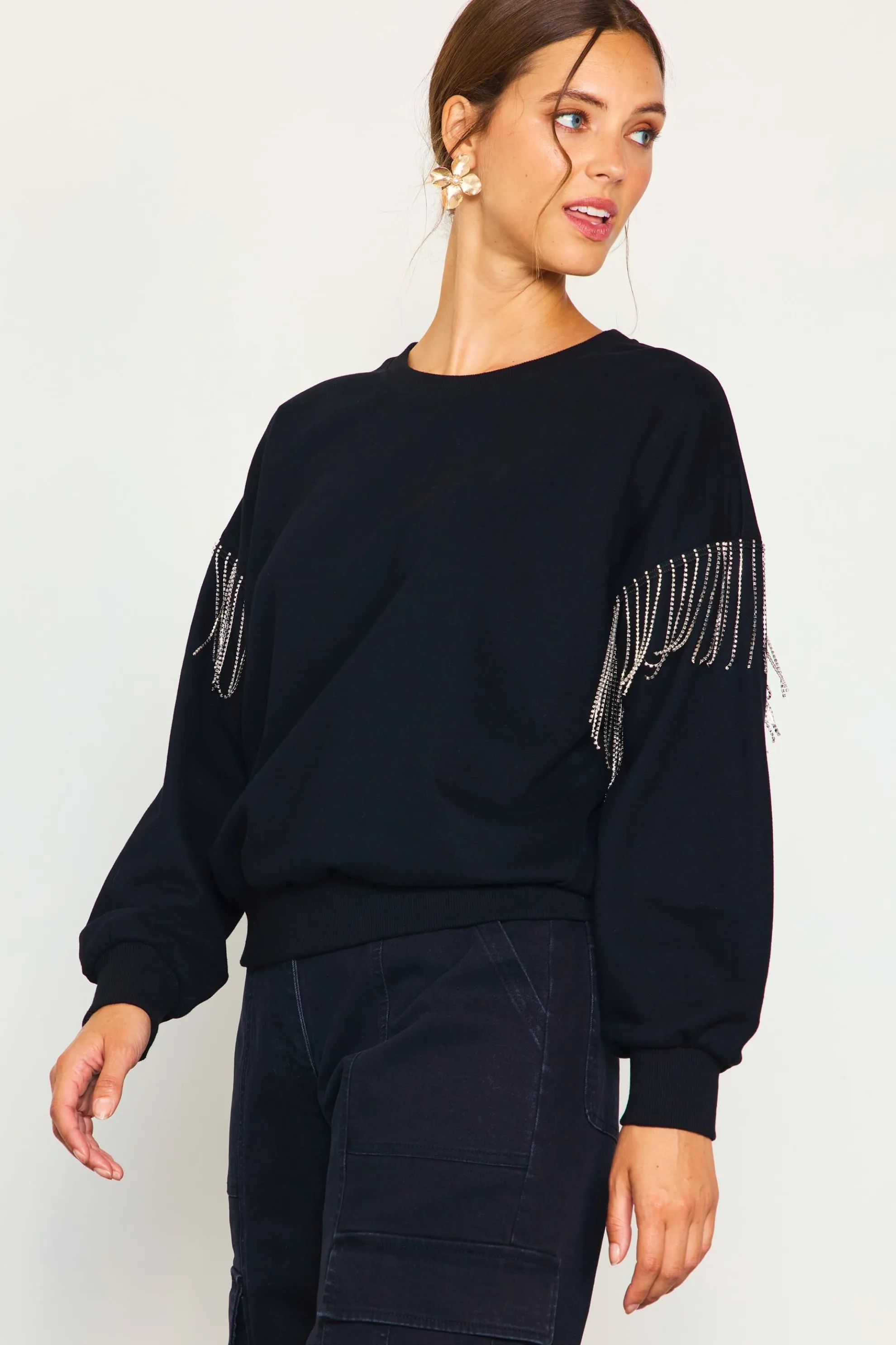 Rhinestone Sleeve Trim Sweatshirt